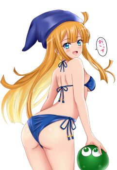 Rule 34 | 1girl, ass, bikini, blonde hair, blue bikini, blue eyes, blush, breasts, compile, hat, highres, long hair, looking at viewer, looking back, madou monogatari, medium breasts, open mouth, puyo (puyopuyo), puyopuyo, sega, shiguko, side-tie bikini bottom, simple background, smile, solo, speech bubble, swimsuit, translation request, underboob, very long hair, white background, witch (puyopuyo)