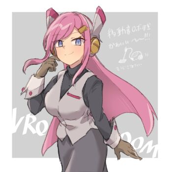 1girl blue_eyes brown_gloves gloves grey_background grey_skirt humanization kirby:_planet_robobot kirby_(series) long_hair nintendo pink_hair sabatha0424 skirt smile susie_(kirby) vest