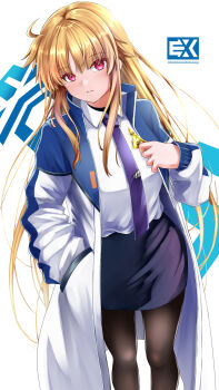 1girl black_pantyhose black_skirt blonde_hair blue_coat breasts closed_mouth coat collared_shirt commentary_request fate_testarossa feet_out_of_frame hand_in_pocket highres holding light_blush long_hair long_sleeves looking_at_viewer lyrical_nanoha mahou_shoujo_lyrical_nanoha_exceeds:_gun_blaze_vengeance medium_breasts multicolored_coat necktie open_clothes open_coat pantyhose pencil_skirt pocket purple_necktie red_eyes shirt sidelocks skirt solo sougetsu_izuki square-end_necktie standing tie_clip two-tone_coat very_long_hair white_background white_coat white_shirt