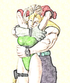 Rule 34 | beret, bracelet, cammy white, cargo pants, charlie nash, colored skin, forelock, glasses, grey skin, hat, holster, jewelry, leotard, looking to the side, pants, street fighter, street fighter alpha, street fighter ii, street fighter v, street fighter zero (series), twintails, vest, watch