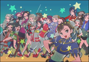 Rule 34 | 1boy, 6+girls, :d, = =, ^ ^, absurdres, adjusting eyewear, asamiya athena, ayame (power stone), ayuhara natsu, bengus, bird, black hair, black mask, black pantyhose, blonde hair, blue jacket, blunt bangs, brown hair, bun cover, camera, capcom, capcom fighting jam, chinese clothes, chun-li, claire (star gladiator), closed eyes, double bun, drill hair, glasses, goggles, goggles on head, grey eyes, hair bun, hawk, headband, hibiki ran, high heels, highres, zaki (justice gakuen), holding, holding camera, holding sword, holding weapon, iinchou (justice gakuen), ingrid (capcom), jacket, justice gakuen, karuizawa momo, kirishima yurika, long hair, looking at viewer, mamahaha, mask, minazuki kyoko, mouth mask, multiple girls, nakoruru, non-web source, odd one out, official art, one eye closed, open mouth, orange eyes, pantyhose, power stone, puffy short sleeves, puffy sleeves, purple hair, rapier, red eyes, samurai spirits, shimazu hideo, shoes, short hair, short sleeves, smile, sneakers, snk, star (symbol), star gladiator, street fighter, sword, the king of fighters, v, v over eye, wakaba hinata, weapon, white headband