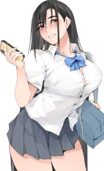 1girl bag black_hair blue_bow blue_bowtie blush bow bowtie breasts brown_eyes button_gap cellphone cleavage collared_shirt commentary_request highres holding holding_phone large_breasts long_hair original phone pleated_skirt school_bag school_uniform shirt short_sleeves simple_background skirt smartphone solo very_long_hair white_background white_shirt zekkyon