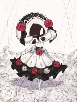 17hornet77987 1girl alternate_costume arthropod_girl black_skin boots bow bowtie breasts colored_skin commentary dress_flower english_commentary flower full_body hair_flower hair_ornament headdress highres hollow_knight hollow_knight:_silksong lace_(hollow_knight) long_sleeves medium_breasts one_eye_closed red_flower red_rose rose solo standing white_background white_bow white_bowtie white_eyes white_flower