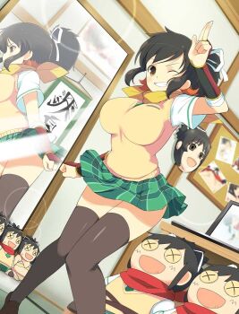 1girl armor asuka_(senran_kagura) asuka_(senran_kagura)_(cosplay) black_thighhighs breasts brown_eyes card_(medium) character_doll character_mask computer convenient_censoring cosplay doll full-length_mirror fuma_(senran_kagura) game_cg green_skirt grin hair_ribbon japanese_armor kote laptop large_breasts lens_flare mask medium_hair mirror official_alternate_costume official_alternate_hairstyle official_art one_eye_closed orange_hair photo_(object) plaid_clothes plaid_skirt ponytail ribbon scarf senran_kagura senran_kagura_new_wave short_ponytail short_sleeves sidelocks skirt smile solo stuffed_toy sweater_vest thighhighs translation_request v v-shaped_eyebrows vest white_ribbon wig yellow_vest