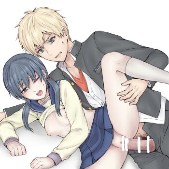 Rule 34 | 1boy, 1girl, black pants, blonde hair, blue eyes, blue hair, blue skirt, blush, breasts, breasts out, censored, clothed sex, clothes lift, collared shirt, corpse party, cpsuna5119, dress shirt, gakuran, grimace, hetero, highres, kishinuma yoshiki, leg grab, no bra, no panties, one eye closed, open mouth, pants, penis, pleated skirt, pubic hair, pussy, red shirt, school uniform, serafuku, sex, shinozaki ayumi, shirt, shirt lift, simple background, skirt, skirt lift, small breasts, socks, sweat, unbuttoned, unbuttoned pants, unbuttoned shirt, undershirt, vaginal, veins, veiny penis, white background, white legwear, white shirt