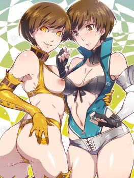 Rule 34 | 2girls, abstract background, arm around waist, ass, bare shoulders, bdsm, bikini, bikini under clothes, black bikini, black gloves, blue leotard, blush, breastless clothes, breasts, brown hair, buckle, cleavage, closed mouth, collar, cowboy shot, dark persona, dual persona, earrings, elbow gloves, em (totsuzen no hakike), fingernails, frown, full-length zipper, gloves, grey shorts, high-cut armor (persona), highres, jewelry, leotard, looking at viewer, looking back, medium breasts, multiple girls, navel, nipple bar, nipple piercing, nipples, official alternate costume, open clothes, parted lips, persona, persona 4, piercing, satonaka chie, shadow (persona), shadow chie, short shorts, shorts, slave, smile, smiley face, smug, stud earrings, swept bangs, swimsuit, thighs, yellow bikini, yellow eyes, yellow gloves, zipper