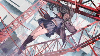 1girl absurdres black_hair black_jacket black_shirt black_shoes black_skirt black_socks chisa_(wuthering_waves) hair_ribbon highres holding holding_sword holding_weapon jacket long_hair long_sleeves looking_at_viewer red_eyes red_ribbon ribbon riok_hh shirt shoes skirt socks solo sword thigh_strap weapon wuthering_waves