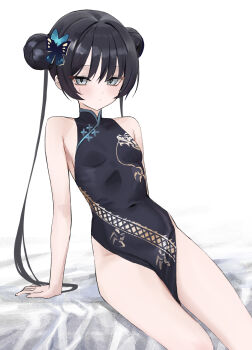 1girl absurdres bare_arms bare_shoulders black_dress black_hair blue_archive braid braided_bun breasts butterfly_hair_ornament china_dress chinese_clothes closed_mouth commentary covered_navel dot_nose double_bun dragon_print dress expressionless grey_eyes group_name hair_bun hair_ornament highres kisaki_(blue_archive) light_blush long_hair looking_at_viewer no_panties pelvic_curtain print_dress ritaiya simple_background sitting sleeveless sleeveless_dress small_breasts solo sweatdrop twintails very_long_hair white_background