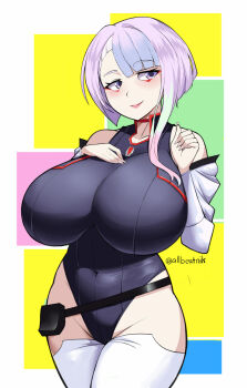 1girl allbeatnik breasts covered_navel curvy cyberpunk:_edgerunners cyberpunk_(series) detached_sleeves female_focus highres huge_breasts leotard lucy_(cyberpunk) multicolored_hair purple_eyes short_hair solo thick_thighs thighhighs thighs wide_hips