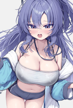 1girl black_shorts blue_archive blue_jacket blush breasts commentary_request dolphin_shorts highres jacket korean_commentary large_breasts long_hair metaljelly midriff navel open_mouth purple_eyes purple_hair shorts simple_background solo strapless thighs tube_top very_long_hair white_background white_tube_top yuuka_(blue_archive)