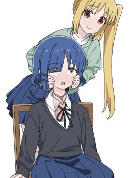 2girls black_jacket blonde_hair blue_hair bocchi_the_rock! chair dickneck disembodied_head dullahan green_jacket hair_ornament hairclip hands_on_another&#039;s_cheeks hands_on_another&#039;s_face highres ijichi_nijika jacket jbxpism misplaced_genitals multiple_girls on_chair penis penis_neck ponytail pussy shirt side_ponytail simple_background sitting textless_version uncensored what white_background white_shirt yamada_ryo yellow_eyes