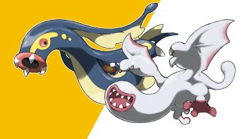 Rule 34 | animal focus, blacknirrow, claws, commentary, crossover, eel, eelektross, fangs, gen 5 pokemon, highres, khezu, lips, monster, monster hunter (series), nintendo, no eyes, no humans, open mouth, outline, pokemon, pokemon (creature), red eyes, sharp teeth, simple background, smile, teeth, two-tone background, white background, white outline, wings, yellow background