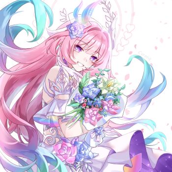 1girl :d bare_shoulders blue_hair bouquet chinese_commentary commentary_request cyrene_(demiurge)_(honkai:_star_rail) cyrene_(honkai:_star_rail) diamond-shaped_pupils diamond_(shape) dress flower gradient_hair green_hair grin hair_flower hair_ornament heart highres holding holding_bouquet honkai:_star_rail honkai_(series) long_hair looking_at_viewer multicolored_eyes multicolored_hair open_mouth petals pink_eyes pink_hair pointy_ears purple_eyes rose simple_background smile solo symbol-shaped_pupils teeth white_background white_dress xiabunian