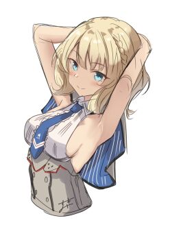1girl absurdres armpits arms_behind_head blonde_hair blue_eyes blue_necktie braid capelet collared_shirt colorado_(kancolle) commentary_request cropped_torso grey_capelet highres kantai_collection necktie shirt short_hair side_braids sideless_shirt simple_background solo sukimizaki upper_body white_background white_shirt