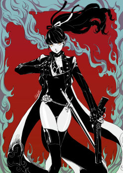 1girl artist_name bow chain_belt choker coat coattails commentary flower gun hair_bow hair_ribbon hi_(ibisf5umauma) holding holding_mask jacket leotard limited_palette mask persona persona_5 persona_5_the_royal ponytail rapier red_background ribbon rifle smoke strapless strapless_leotard sword tailcoat thighhighs trench_coat twitter_username violet_(persona_5) weapon wind yellow_eyes yoshizawa_kasumi