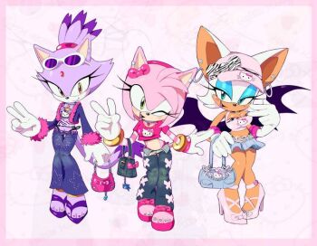 3girls amy_rose animal_ears bag bat_wings bell-bottoms blaze_the_cat bow bracelet breasts chaosc0ntr0l cleavage crop_top cropped_shirt ear_piercing eyeshadow eyewear_on_head forehead_jewel fur_trim gloves gold_bracelet green_eyes hair_bow hairband handbag hello_kitty_print high_heels jacket jewelry makeup miniskirt multiple_girls nail_polish one_eye_closed open_mouth pants piercing pink_fur pink_shoes purple_fur purple_shoes rouge_the_bat shoes skirt smile sonic_(series) sunglasses tail toenail_polish toenails v visor_cap white_fur white_gloves wings