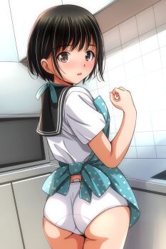 1girl :o absurdres apron aqua_apron ass black_hair black_skirt blue_apron blush brown_eyes clothing_tag commentary_request counter from_behind highres indoors kitchen looking_at_viewer looking_back matsunaga_kouyou microwave open_mouth original panties polka_dot polka_dot_apron sailor_collar school_uniform shirt short_hair short_sleeves sidelocks skirt solo standing teeth underwear upper_teeth_only white_panties white_shirt yellow_eyes