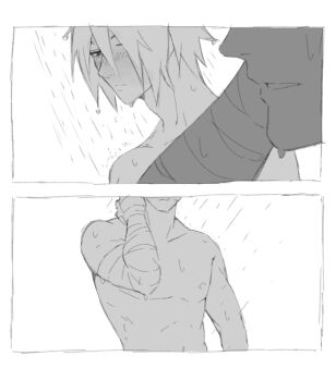Rule 34 | 2boys, bandaged arm, bandages, bathing, blush, border, closed mouth, commentary, english commentary, greyscale, highres, looking at another, male focus, monochrome, multiple boys, naruto (series), nude, shared bathing, short hair, showering, standing, themidnights0ng, uchiha sasuke, upper body, uzumaki naruto, white border, yaoi