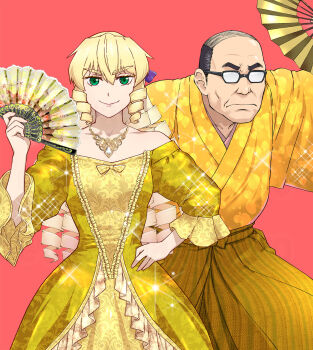 Rule 34 | 1boy, 1girl, akuyaku reijou tensei ojisan, bare shoulders, black hair, blonde hair, collarbone, dress, drill hair, glasses, golden week, gown, grace auvergne, green eyes, hand fan, highres, holding, holding fan, japanese clothes, long hair, looking at viewer, multiple drills, smile, tondabayashi kenzaburou, ueyama michirou