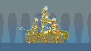 1boy 1futa 1girl ancient_egyptian artist_name bandages bandages_over_eyes breasts coffin dark-skinned_male dark_skin erection full_body futa_with_male futanari green_hair highres holding holding_rod large_breasts large_penis medium_penis mummy nipples penis rod sarcophagus tailbox