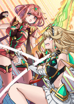 2girls absurdres bare_shoulders black_gloves blonde_hair blush boots breasts chest_jewel cleavage commentary_request core_crystal_(xenoblade) dress earrings fingerless_gloves fire full_body gloves highres holding holding_sword holding_weapon jewelry large_breasts multiple_girls mythra_(xenoblade) open_mouth pyra_(xenoblade) red_boots red_eyes red_hair red_shorts red_thighhighs short_shorts shorts skin_tight smile sofusan1526 sword thighhighs tiara weapon white_dress xenoblade_chronicles_(series) xenoblade_chronicles_2 yellow_eyes