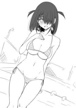 1girl :d bikini blush breasts breath cleavage collarbone feet_out_of_frame greyscale hair_over_one_eye hako_roku kuronuno_mekuri large_breasts medium_hair monochrome navel non-web_source open_mouth poolside senpai_ninja_to_kouhai_kunoichi side-tie_bikini_bottom sidelocks sketch_background smile solo standing sweat swimsuit two_side_up