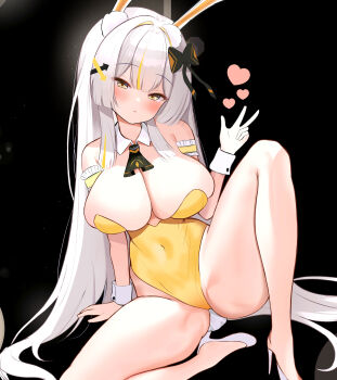 Rule 34 | 1girl, absurdres, animal ears, arm garter, bare legs, bare shoulders, black background, black survival, bow, breasts, cleavage, covered navel, detached collar, eternal return: black survival, fake animal ears, gloves, hair bow, hand up, heart, high heels, highleg, highleg leotard, highres, knee up, large breasts, leotard, long hair, looking at viewer, minami rio, minami rio (winning shot), multicolored hair, official alternate costume, playboy bunny, rabbit ears, shoes, simple background, single glove, sitting, skindentation, solo, sss2056, strapless, strapless leotard, streaked hair, thighs, very long hair, white gloves, white hair, white shoes, wrist cuffs, yellow eyes, yellow leotard