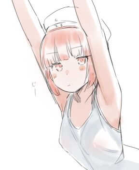 1girl alternate_breast_size alternate_costume armpits arms_up blunt_bangs blush_stickers breasts character_name covered_erect_nipples hat kantai_collection looking_at_viewer medium_breasts red_eyes red_hair sakiecho see-through_clothes short_hair sidelocks simple_background sketch solo tank_top upper_body white_background white_hat white_tank_top z3_max_schultz_(kancolle)