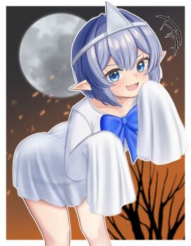 +++ 1boy :d absurdres ass bare_legs bare_tree basher bent_over blue_bow blue_bowtie blue_eyes boros_(ouro_kronii) bow bowtie collarbone commentary crossdressing crossdressing_(mtf) english_commentary fang full_moon ghost_costume grey_hair hair_between_eyes halloween_costume highres hololive hololive_english looking_at_viewer male_focus moon open_mouth outline personification pointy_ears short_hair skin_fang sleeves_past_fingers sleeves_past_wrists smile solo trap tree triangular_headpiece virtual_youtuber white_outline