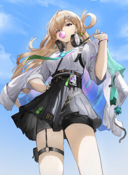 1girl absurdres angelo_(angeloart26) aqua_necktie black_shorts black_skirt blonde_hair blowing_bubble_gum blue_sky breasts chewing_gum commentary day hand_on_own_hip headphones headphones_around_neck highres id_card jacket long_hair looking_at_viewer lynae_(wuthering_waves) medium_breasts necktie outdoors purple_eyes shirt shirt_tucked_in shorts shorts_under_skirt skirt sky solo white_jacket white_shirt wuthering_waves