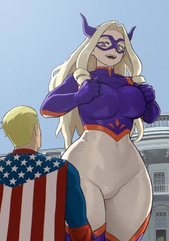 1boy 1girl absurdres american_flag american_flag_print blonde_hair blue_sky bodysuit boku_no_hero_academia cape commentary covered_navel domino_mask drill_hair drill_sidelocks east-west_crossover eye_mask fake_horns flag_print giant giantess highres homelander horns long_hair looking_at_another looking_down looking_up mask mogglebear mount_lady multicolored_bodysuit open_mouth outdoors patreon_username purple_eyes sidelocks size_difference sky superhero_costume teeth the_boys untranslatable_commentary upper_teeth_only