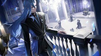 1boy absurdres asymmetrical_bangs beads black_jacket black_pants black_shirt blue_bow blue_eyeshadow blue_hair blurry blurry_foreground bow candelabra candle candlestand chandelier closed_mouth column commentary_request confetti cowboy_shot curtains dancing eyeshadow fire floating_hair flower_pot frown genshin_impact grand_piano hair_between_eyes hair_bow hand_on_railing highres hoyofair indoors instrument jacket long_hair long_sleeves looking_to_the_side low-tied_long_hair makeup male_focus multicolored_hair neuvillette_(genshin_impact) official_art pants parted_bangs piano piano_bench pillar plant pointy_ears potted_plant purple_eyes railing shirt sjamki solo sparkle standing streaked_hair turtleneck very_long_hair white_hair window