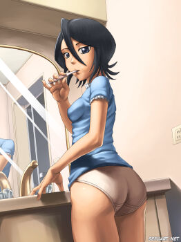 00s 1girl absurdres ass bathroom black_hair bleach bottomless breasts female_focus highres indoors kuchiki_rukia mirror no_pants panties short_hair solo source_request speh standing toothbrush underwear white_panties
