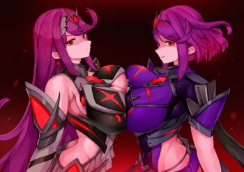 1girl 2girls absurdres armor armpit_crease bare_shoulders blush bob_cut breast_press breasts chest_jewel cleavage cleavage_cutout closed_mouth clothing_cutout commentary_request dark_persona dress earrings elbow_gloves gloves gradient_background headpiece highres impossible_clothes jewelry large_breasts long_hair looking_at_viewer medium_hair multiple_girls mythra_(xenoblade) nintendo official_alternate_color parted_lips purple_hair purple_shirt pyra_(xenoblade) red_background red_eyes shirt shorts shoulder_armor sidelocks smile solo super_smash_bros. swept_bangs symmetrical_docking tiara upper_body very_long_hair xenoblade_chronicles_(series) xenoblade_chronicles_2 yotsuha_uni