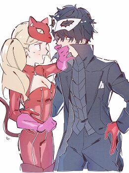 1boy 1girl amamiya_ren black_coat black_hair black_pants blonde_hair blush breasts cat_mask catsuit cleavage coat commentary_request covering_another&#039;s_mouth cropped_legs gloves hair_between_eyes hand_on_another&#039;s_waist hand_over_another&#039;s_mouth hetero highres long_hair long_sleeves mask mask_on_head medium_breasts paitan1007 pants persona persona_5 pink_gloves red_gloves red_mask simple_background tail takamaki_anne twintails