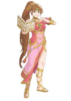 1girl absurdres bare_shoulders breasts brown_eyes brown_hair circlet collarbone commission cross-laced_sandals dress ebinku fire_emblem fire_emblem:_mystery_of_the_emblem fire_emblem:_shadow_dragon fire_emblem_warriors grin hair_ornament highres jewelry linde_(fire_emblem) long_hair looking_at_viewer nintendo ponytail sandals simple_background smile solo very_long_hair white_background