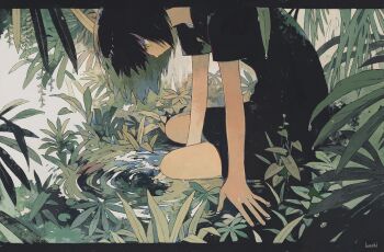 1girl black_dress black_hair dress highres ka_(996beshi) long_hair nature on_ground original outdoors plant puddle ripples short_dress short_sleeves sitting solo water