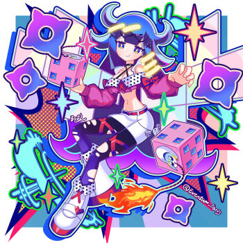 1girl artist_name blue_eyes blue_hair breasts cleavage cosplay cube detached_sleeves dicemite_girl_laps dicemite_girl_laps_(cosplay) duel_monster highres hyeonin_gentora lil-la_(yu-gi-oh!) lit_fuse live_twin_lil-la long_hair medium_breasts navel pantyhose revealing_clothes shoes shorts simple_background smile solo torn_clothes torn_pantyhose yu-gi-oh! yu-gi-oh!_rush_duel