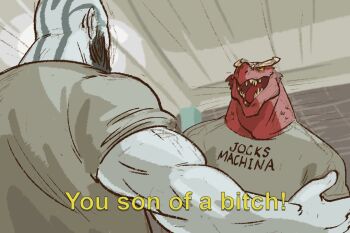 2boys alternate_costume arkhan_the_cruel bald bara beard clothes_writing critical_role djcrumrine dragon_boy dragon_horns dungeons_&amp;_dragons english_text epic_handshake_(meme) facial_hair from_behind furry furry_male grog_strongjaw head_tattoo horns male_focus meme multiple_boys muscular muscular_male parody scales subtitled the_legend_of_vox_machina upper_body