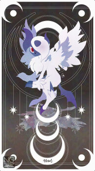 Rule 34 | absol, animal focus, asymmetrical horns, blue horns, claws, crescent moon, feathered wings, gen 3 pokemon, hair over one eye, highres, horns, looking at viewer, mega absol, mega pokemon, meme (sleepsheep), moon, neck fur, nintendo, no humans, one eye covered, pokemon, pokemon (creature), pokemon focus, red eyes, solo, uneven horns, white fur, white hair, white wings, wings