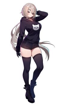 1girl abs absurdres arm_belt bare_shoulders belt belt_collar blonde_hair boots breasts chest_belt collar commission commissioner_upload crop_top elbow_gloves eyelashes eyepatch gloves grey_eyes hair_over_one_eye hair_ribbon hand_in_own_hair highres large_breasts long_bangs long_hair looking_at_viewer lydia_macarthur muscular muscular_female navel non-web_source original ponytail ribbon scar shorts sleeveless solo thighhighs thighs transparent_background wayanfa
