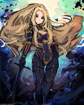 1girl absurdres alpha_(kage_no_jitsuryokusha_ni_naritakute!) blonde_hair blue_eyes bodysuit breasts cleavage closed_mouth elf gloves highres holding holding_sword holding_weapon kage_no_jitsuryokusha_ni_naritakute! long_hair pointy_ears smile solo sword tagme umbra_heartt very_long_hair weapon