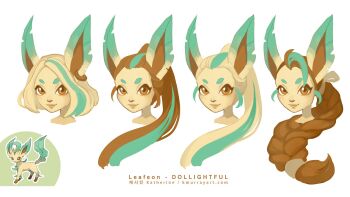 Rule 34 | 1girl, animal ears, animal nose, blonde hair, braid, braided ponytail, brown eyes, brown hair, closed mouth, gen 4 pokemon, green hair, hairline, highres, katherine murray, leaf, leafeon, leafeon (dollightful), long hair, looking at viewer, nintendo, pokemon, ponytail, reference inset, short hair, simple background, smile, watermark, web address, white background