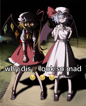 2girls ascot bat_wings black_sky blonde_hair blue_hair crying_emoji crystal dress emoji english_text eyes_in_shadow face_in_shadow flandre_scarlet full_body hat highres meme mob_cap multiple_girls night open_mouth outdoors photo_background puffy_sleeves red_eyes remilia_scarlet ribbon shaded_face short_hair short_sleeves side_ponytail sidewalk skirt sky smile solo standing touhou why_dis_ninja_look_so_mad_(meme) wings yh_sleeping