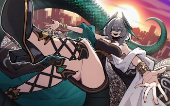 1girl ambience_synesthesia aqua_eyes aqua_shawl aqua_wings arknights bare_shoulders black_dress black_shoes bracelet breasts cityscape commentary dress dryegen fangs full_body gradient_wings grey_hair head_wings high_heels highres ho&#039;olheyak_(arknights) ho&#039;olheyak_(carriage_of_the_winds_of_time)_(arknights) jewelry large_breasts looking_at_viewer medium_hair multicolored_wings official_alternate_costume open_mouth outdoors outstretched_arms shawl shoes snake_tail solo spread_arms strapless strapless_dress sun tail white_shawl wings