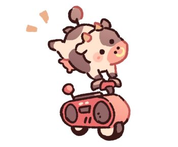 animal animal_focus blush_stickers commentary cow cow_horns english_commentary face_piercing horns mario_(series) mario_kart mario_kart_world moo_moo_(mario) motor_vehicle motorcycle nintendo no_humans nose_piercing nose_ring on_motorcycle piercing simple_background stefscribbles udder white_background