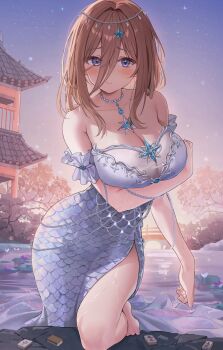 1girl architecture bare_shoulders barefoot blue_dress blush breasts brown_hair cleavage commentary_request crossover dress east_asian_architecture go-toubun_no_hanayome hair_between_eyes highres huwari_(dnwls3010) jewelry large_breasts looking_at_viewer mahjong mahjong_tile medium_hair nakano_miku necklace official_alternate_costume purple_eyes riichi_city sky solo toes water