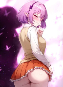 1girl ass breasts brown_cardigan bug butterfly cardigan commentary_request earrings finger_to_mouth from_behind highres hitsuki_(hitsuki_fundraw) insect jewelry lucid_(maplestory) maplestory medium_breasts miniskirt orange_skirt pink_hair purple_eyes shadow shirt short_hair shushing simple_background skirt solo underbutt white_background white_shirt