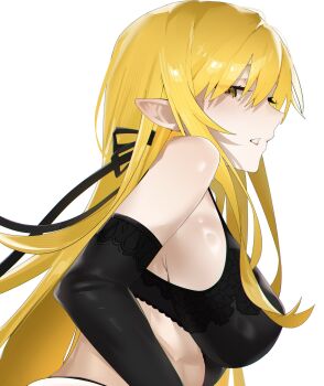 1girl arril100 black_bra black_gloves black_ribbon blonde_hair blush bra breasts ear_blush elbow_gloves eyelashes eyes_visible_through_hair from_side gloves hair_ribbon highres kiss-shot_acerola-orion_heart-under-blade kizumonogatari large_breasts lingerie long_hair looking_at_viewer looking_to_the_side monogatari_(series) open_mouth oshino_shinobu pointy_ears ribbon simple_background solo underwear white_background white_mouth yellow_eyes