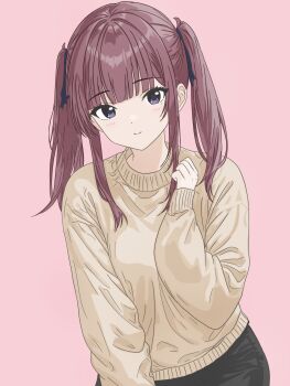 1girl absurdres black_pants black_ribbon blunt_bangs blush brown_hair brown_sweater closed_mouth cowboy_shot hair_ribbon hand_up highres light_smile long_hair long_sleeves looking_at_viewer mole mole_under_eye natsuki_karin pants pink_background purple_eyes ribbon sidelocks simple_background smile solo sweater synthesizer_v twintails v-lab yellow_sweater